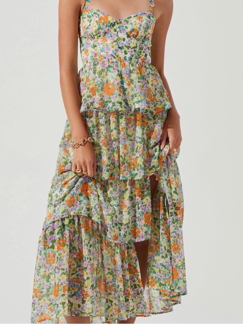 Astr Floral Tiered Maxi Dress in Orange, Green & Purple